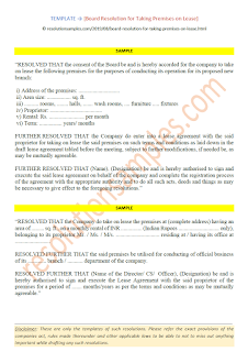 Board Resolution format for Taking Premises on Lease